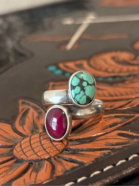 Sterling Silver Turquoise/Variscite & Ruby Adjustable Size Bypass Ring